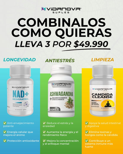 PACKRENOVA™ Energía, Equilibrio y Detox: Incluye NAD+ Resveratrol, Ashwagandha y Candida Cleanse (60 cápsulas c/u)